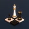 Three luxury chess pieces located on four stylized chess cells against a dark blue background. Isometric illustration. 3d render