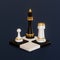 Three luxury chess pieces located on four stylized chess cells against a dark blue background. Isometric illustration. 3d render