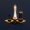 Three luxury chess pieces located on four stylized chess cells against a dark blue background. Isometric illustration. 3d render