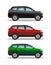 Three luxury offroad cars, black, red, green. Different colors vehicles. Realistic crossover on white background