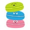 Three macaron or macaroon icon. Sweet bakery pastry cookies set with face. Cute cartoon smiling character collection. Fast food sn