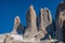 Three major peaks as summit teeth at blue sky In Torres del Paine National Park, Patagonia, Chile