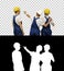 Three male construction workers in hardhats looking at the work