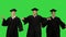 Three male graduates in robes and mortarboards dancing in synch on a Green Screen, Chroma Key.