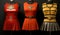 Three mannequins dressed in red, yellow and black. Generative AI image.