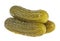 Three marinated pickled cucumbers on white background, gherkins