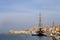 The three masted Palinuro, a historic Italian Navy training barquentine, moored in the Gaeta port.