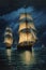 Three masted schooners at night