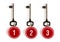 Three matching keys with red numbers
