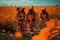 three men in orange Hazmat suits wander through a field of orange toxic flowers created by generative AI