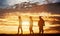 Three men silhouettes with different body types on a sunset sky