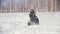 Three men in winter clothes riding through the winter field on a mini snowmobile with a trailer through deep snow