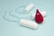 Three menstruation sanitary soft cotton tampon for woman hygiene protection and crochet funny blood drop. Woman critical days, gyn