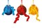 Three merry Christmas balls red/blue/yellow with ribbons. Banner