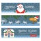 Three Merry Christmas isolated banners on a white background with gift boxes, Santa Klaus, Santas House and snowflake.