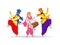 Three merry Sikh people in colorful clothes, men in turbans dancing bhangra, lady with dhol drum