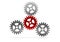 Three metal cogwheel gears attached to a central red wheel over white background, teamwork, connection or communiaction abstract