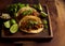 three mexican pork carnitas tacos flat lay composition, AI Generated