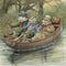 Three mice in a boat on the river. AI generated Watercolor illustration