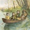Three mice in a boat on the river. AI generated Watercolor illustration