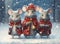 three mice standing in a serene winter landscape with festive Christmas attire