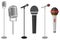 Three microphones on counter. Microphone with stand vector on white background. Set of microphones on counter