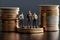 Three Miniature people standing around coins, old man success, Generative AI.