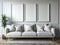 Three minimal white frames mockup in bright interior with white sofa and plant