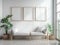 Three minimal wooden frames mockup in bright interior with white sofa and plants in wicker pots on the floor. Scandinavian style.