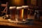 Three misted glasses of freshly brewed, bubbling, frothy beer on a wooden table in a dark tavern hall - Generative AI
