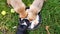 three mixed breed puppies feeding up,