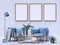 Three mock up poster frames with blue armchairs and indoor plants