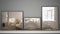 Three modern mirrors on shelf or desk reflecting interior design scene, scandinavian classic bedroom, minimalist white architectur