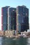 Three modern round glass skyscrapers. International Towers on urban city waterfront, Barangaroo, Syndey, Australia