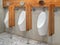 Three modern white automatic urinal for men and wood partitions on cement wall in toilet