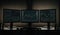 Three monitors on a desk showing trading charts in a dark room, generative AI