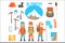 Three Mountaineers And Mountaineering Equipment Set Of Alpinism And Alpinist Tools Vector Illustrations