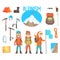 Three Mountaineers And Mountaineering Equipment Set Of Alpinism And Alpinist Tools Vector Illustrations