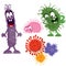 Three multi-colored bacteria fearfully look at multi-colored viruses, cartoon style, isolated object on a white