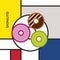 Three multicolor glazed and decorated donuts on a plate. Modern style art with rectangular colour blocks.