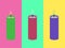 Three multicolored lit candles with colorful backgrounds