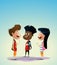 Three multiracial kids discuss something.