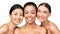 Three Multiracial Models Posing Smiling On White Studio Background, Panorama