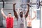 Three muscular athletes lifting barbells