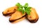 Three mussel with parsley leaf on white background