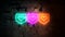 three neon glowing buttons with a heart for social networks on a brick wall. Neon Instagram like icon illustration.
