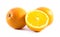 Three nicely colored oranges on a white background - front and back cut in half