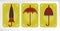 Three old, dotted umbrellas, yellow card