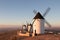 Three old windmills in Alcazar de San Juan, Casilla la Mancha. Don Quixote route. Spain