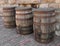 Three old wooden barrels.